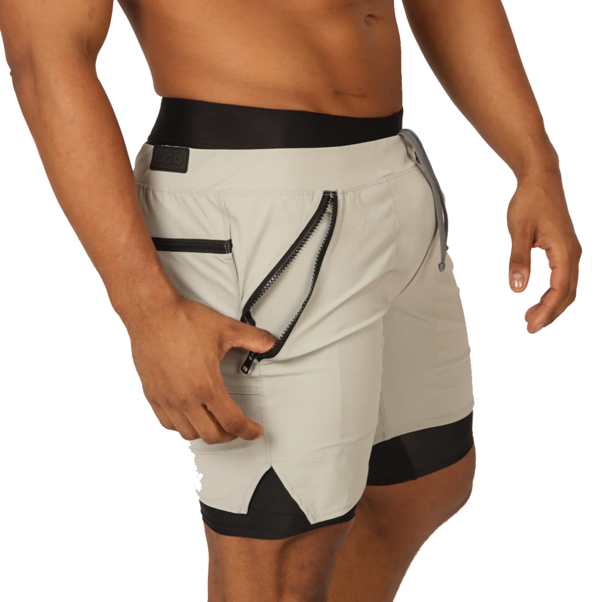 Light gray gigo sporty shorts with black trim and zippered side pocket for athletic use