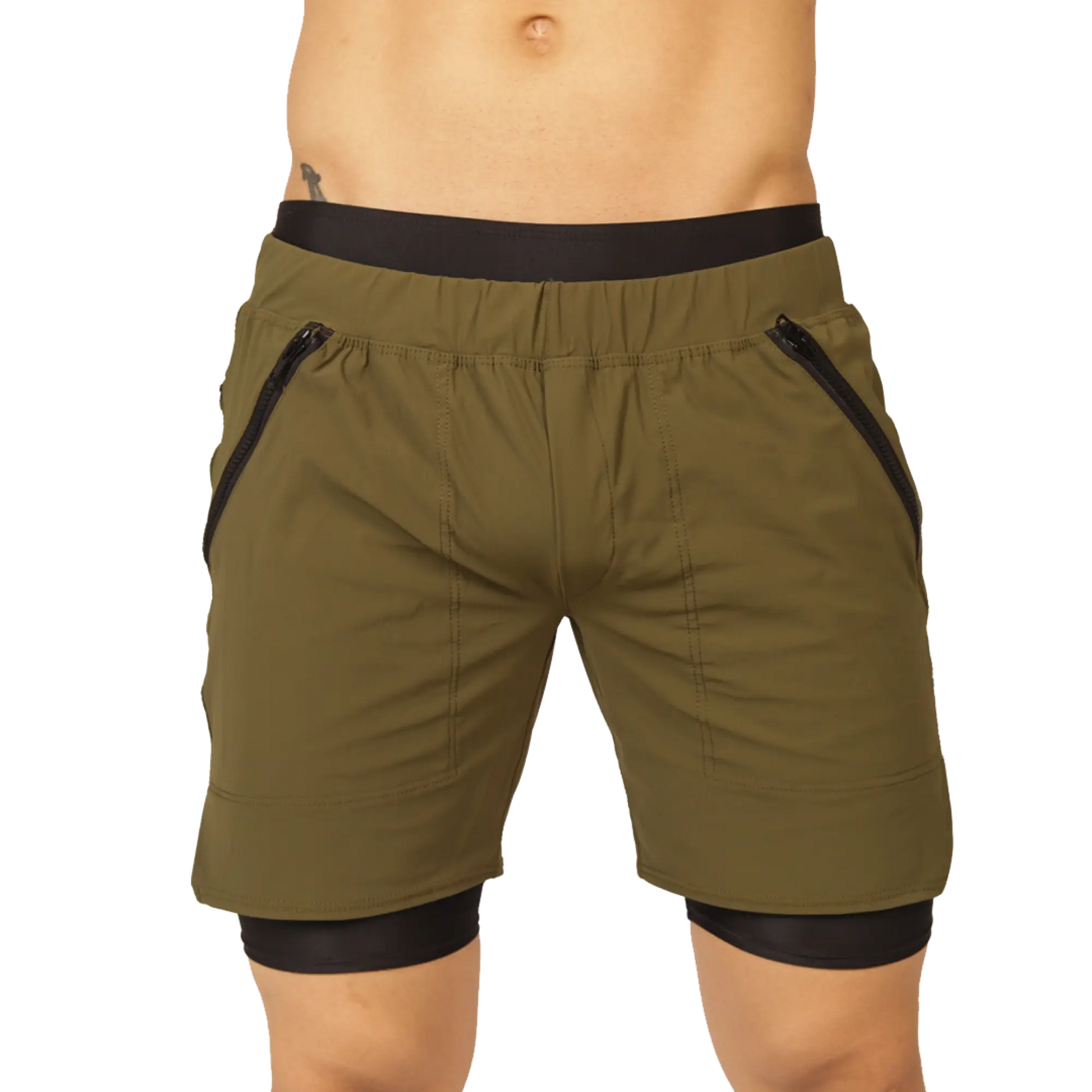 Gigo sporty green olive shorts with black elastic waistband and side zip pockets suitable for athletic use