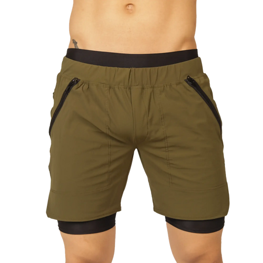Gigo sporty green olive shorts with black elastic waistband and side zip pockets suitable for athletic use