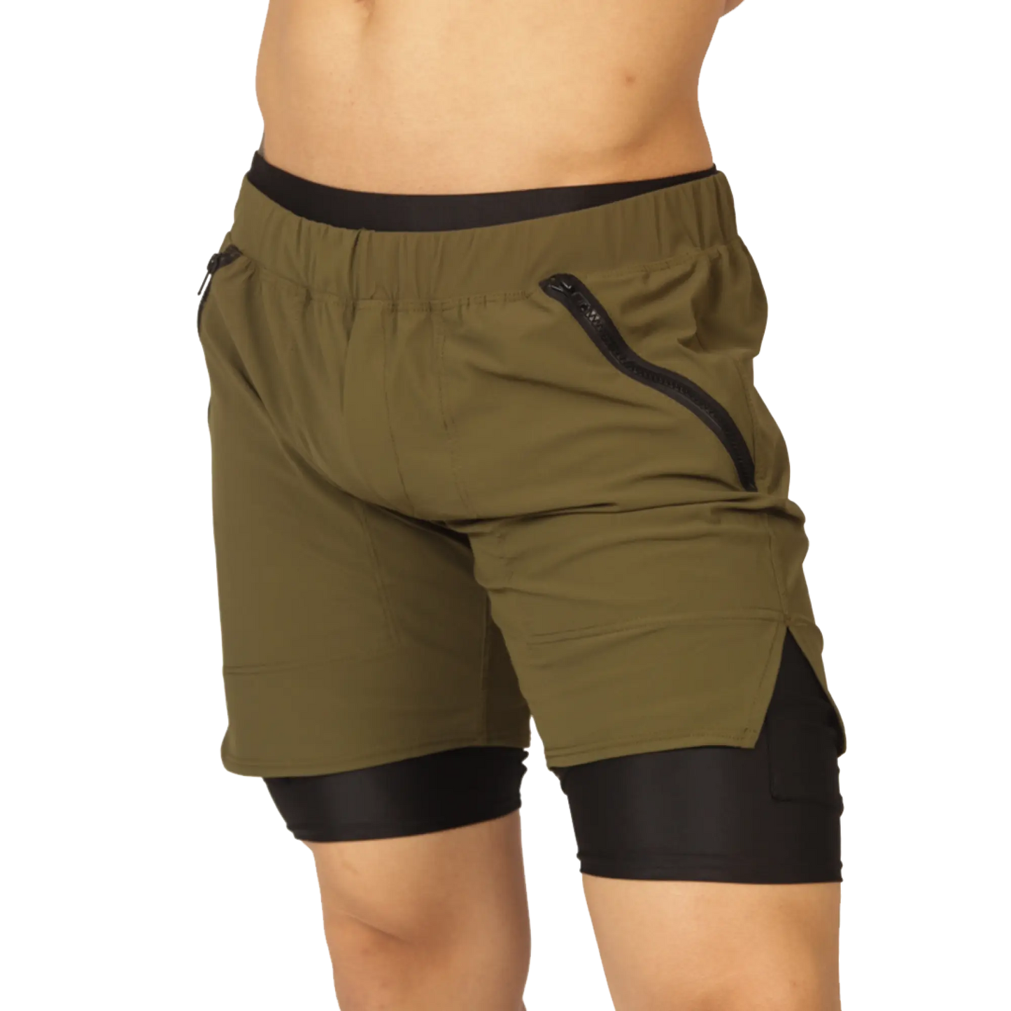 Gigo sporty green short olive green athletic shorts with black elastic waistband and zippered side pocket inner lining