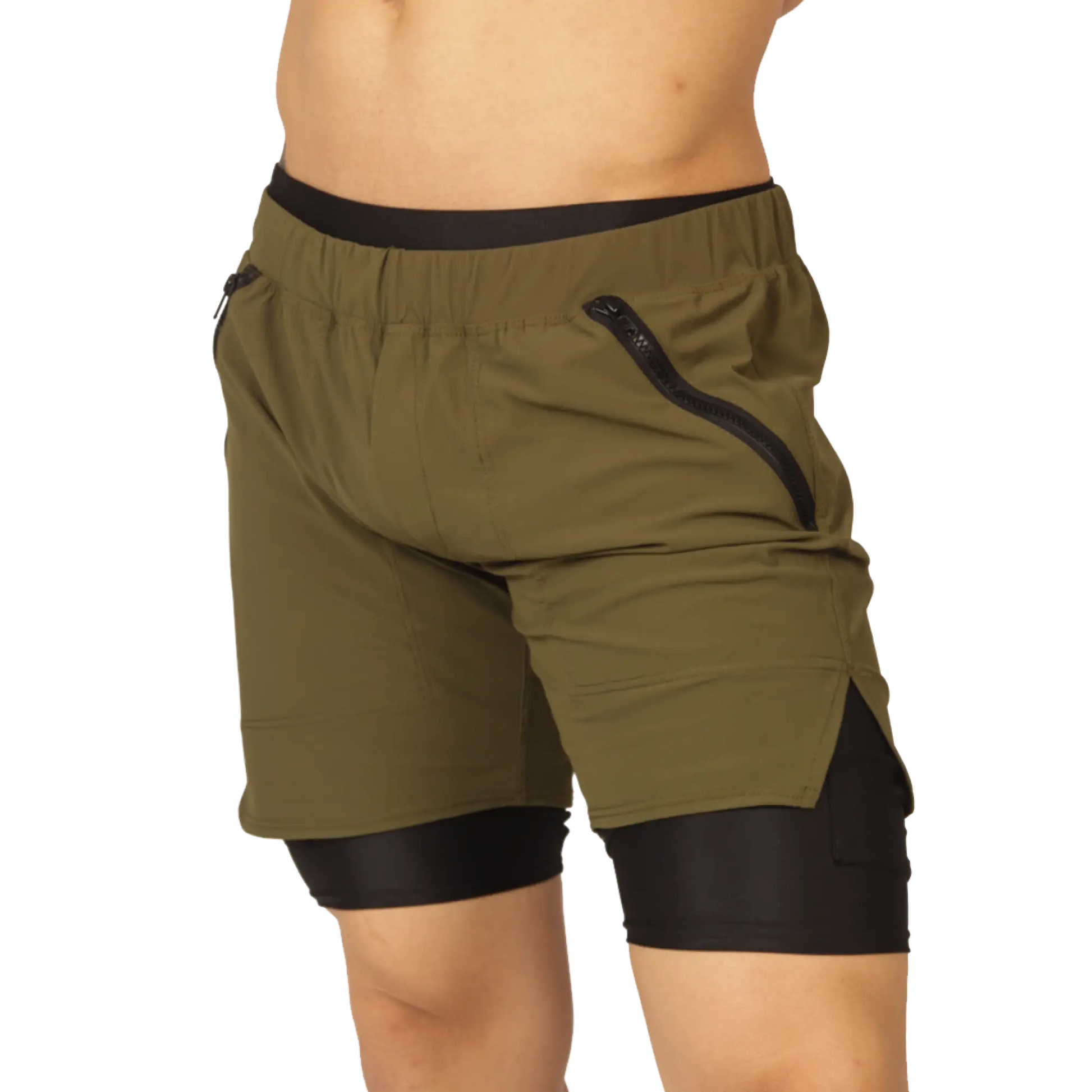 Gigo sporty green short olive green athletic shorts with black elastic waistband and zippered side pocket inner lining