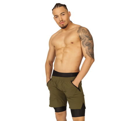 Olive green gigo sporty athletic shorts with black waistband and inner lining designed for active wear