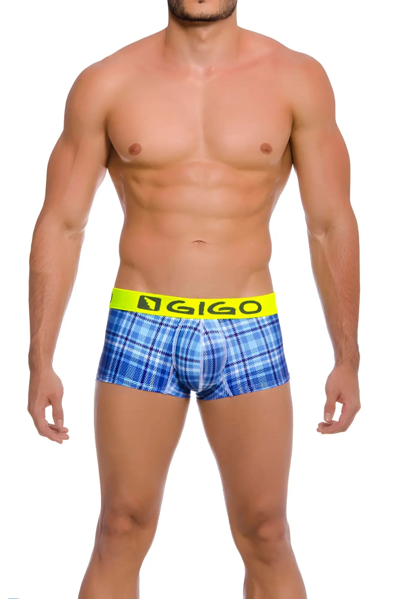 Blue plaid gigo square short boxer underwear with bright yellow waistband in size large front view
