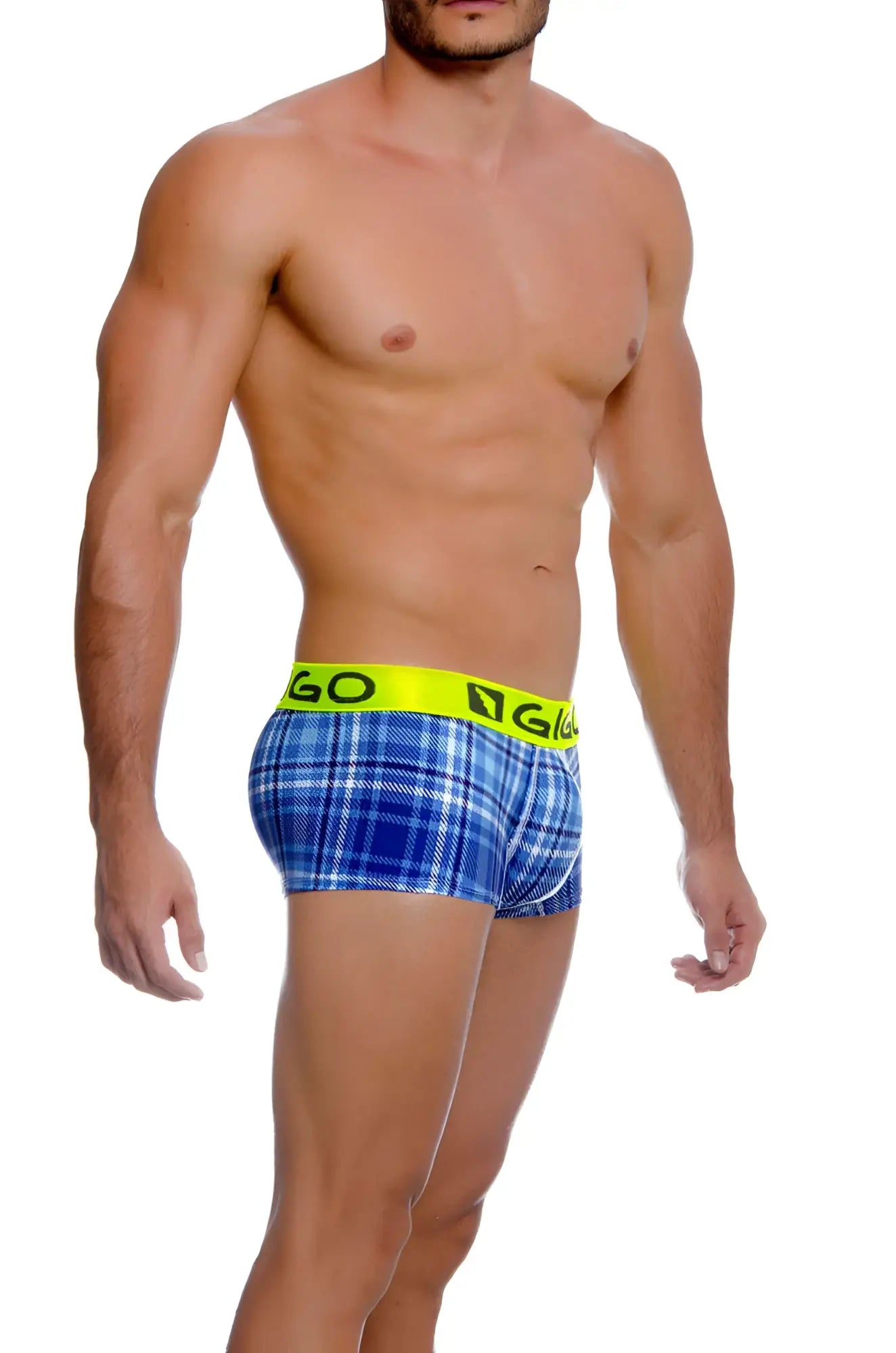 Blue plaid boxer briefs with bright neon yellow waistband featuring ngo logo gigo square short boxer underwear size l