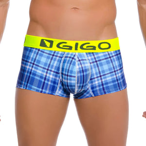 Blue plaid boxer briefs with a bright yellow waistband featuring the Gigo logo.