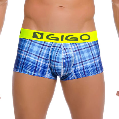 Blue plaid boxer briefs with bright yellow waistband featuring gigo logo from gigo square short boxer underwear g02003-square size l