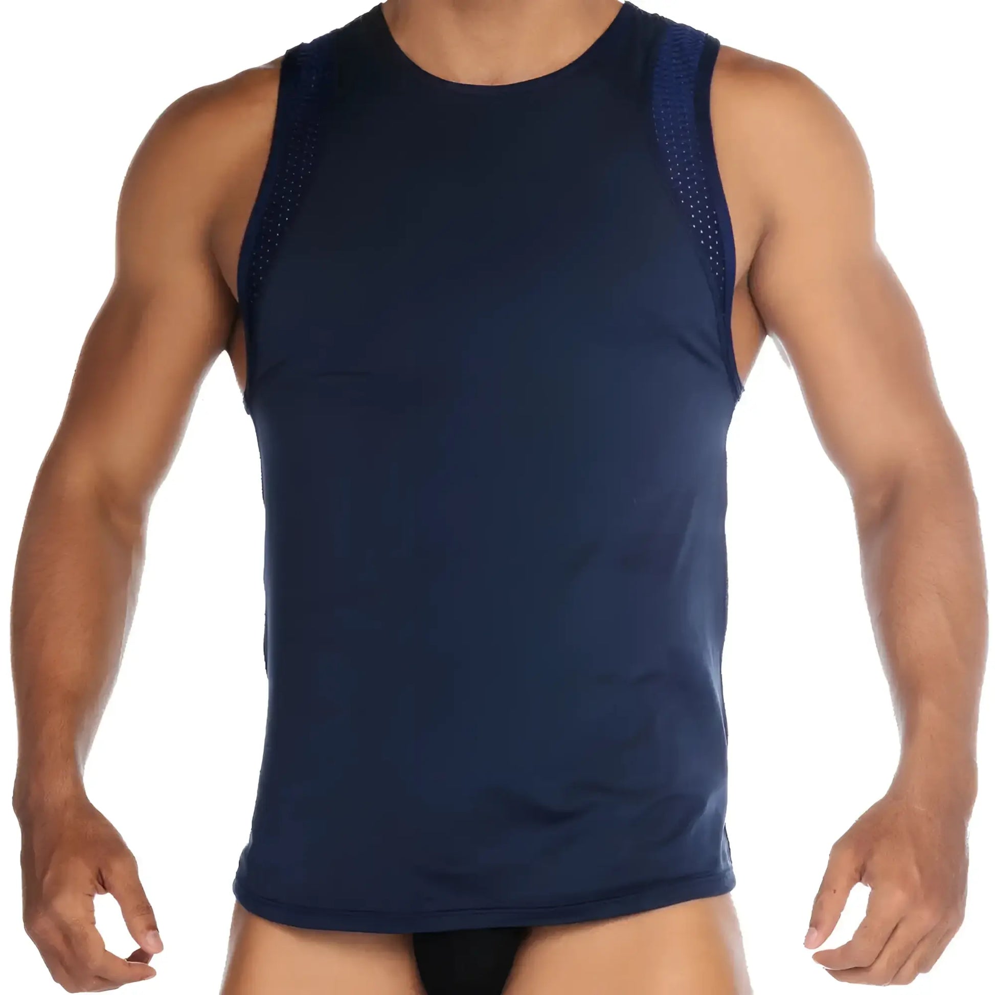 Navy blue gigo stretch tank top with breathable mesh paneling on shoulders for athletic wear