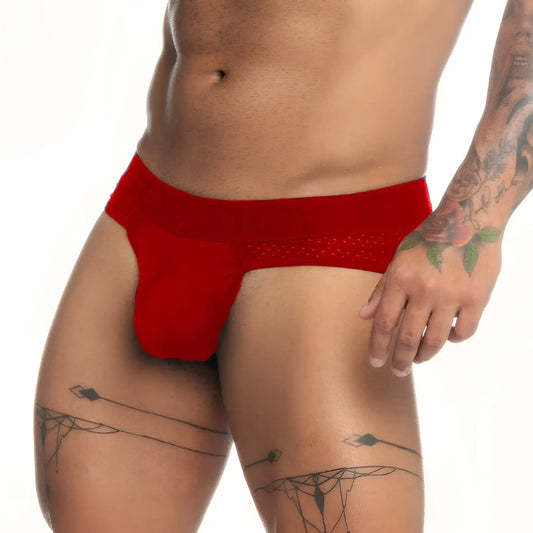 Red form-fitting gigo stretch brief with perforated waistband designed for comfort and flexibility