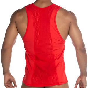 Gigo strech red tank red mesh-backed tank top with sleek form-fitting design showing the back side