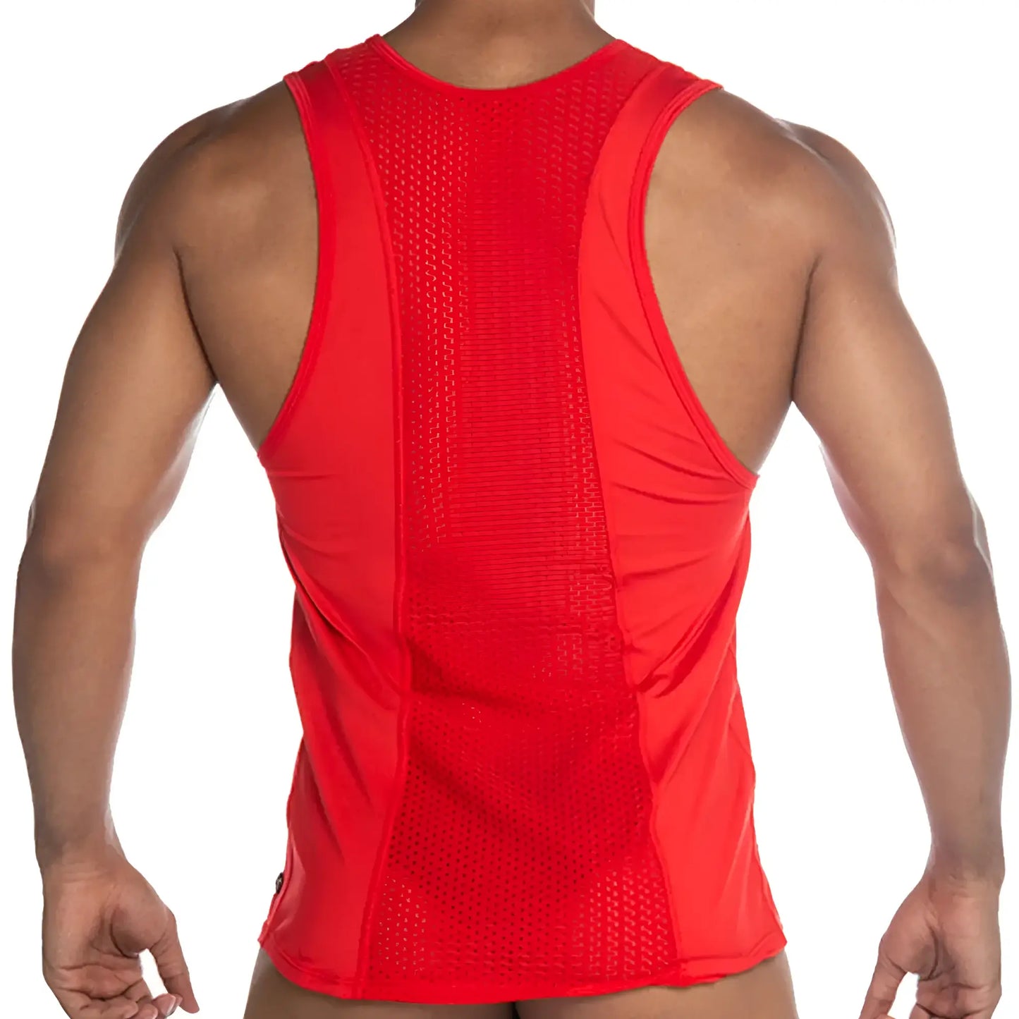 Gigo strech red tank red mesh-backed tank top with sleek form-fitting design showing the back side