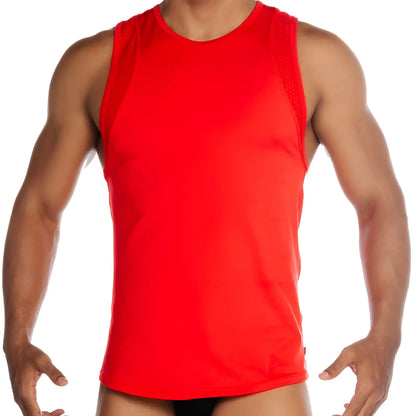 Vibrant red gigo stretch sleeveless athletic tank top with breathable mesh detailing along the shoulders