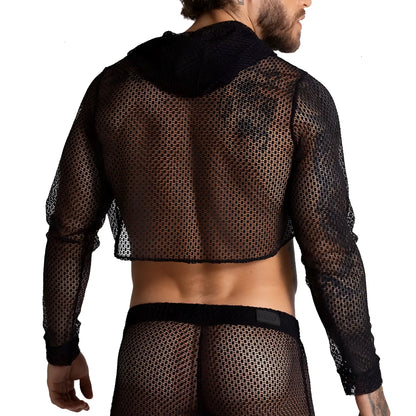 Black mesh hooded crop top gigo striking croop top with tight see-through pattern and breathable fabric