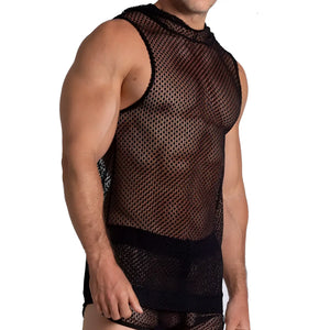 Black mesh sleeveless gigo striking hoody tshirt with high neckline and solid black trim along edges