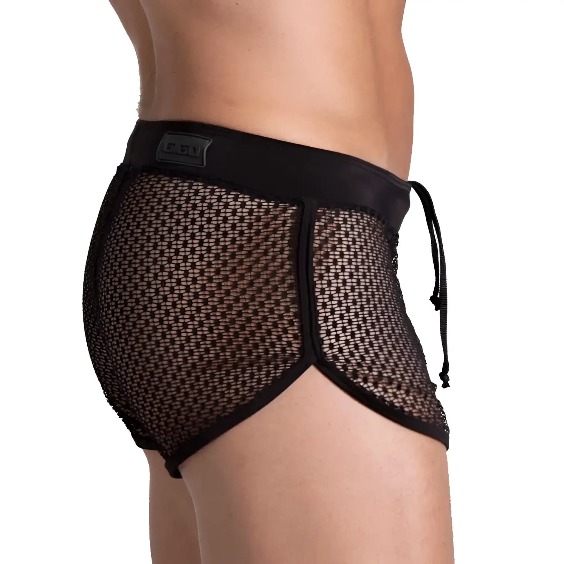 Black mesh gigo striking hotshort with solid black elastic waistband and drawstring for breathable comfort