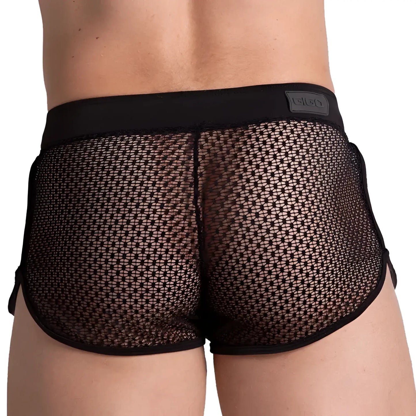 Black mesh gigo striking hotshort briefs with solid waistband and intricate star-like pattern on sides