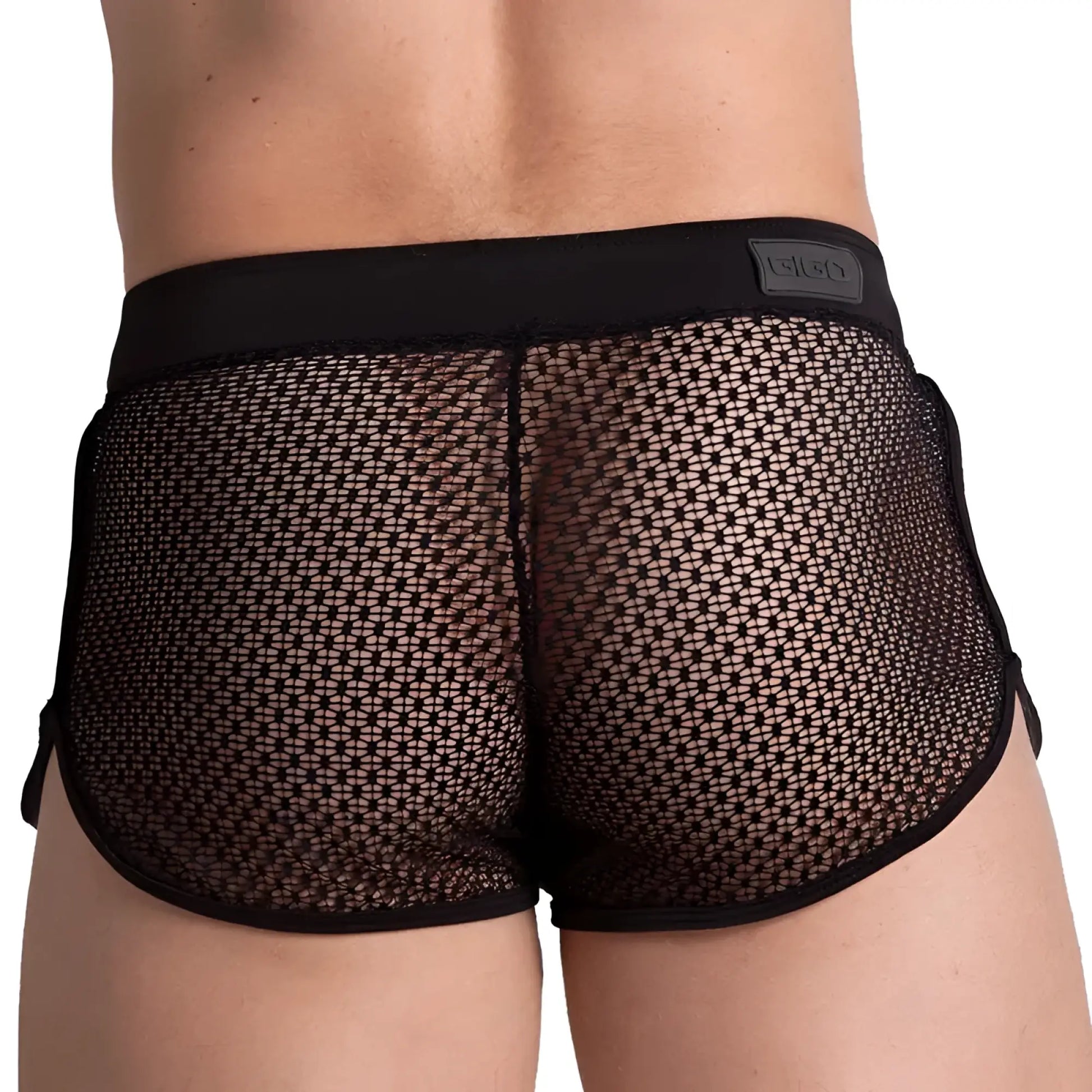 Black mesh gigo striking hotshort briefs with solid waistband and intricate star-like pattern on sides