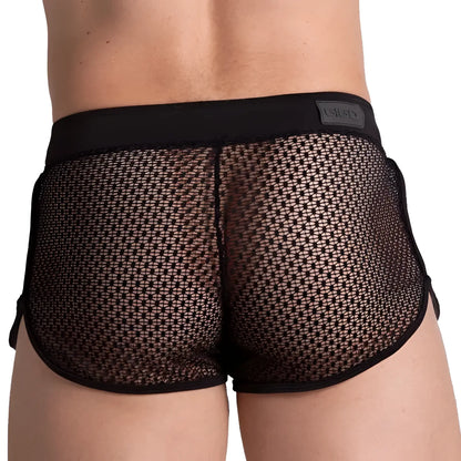 Black mesh gigo striking hotshort briefs with solid waistband and intricate star-like pattern on sides