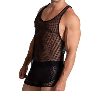Black mesh gigo striking tank top with fitted form fitting design for a sleek and breathable look
