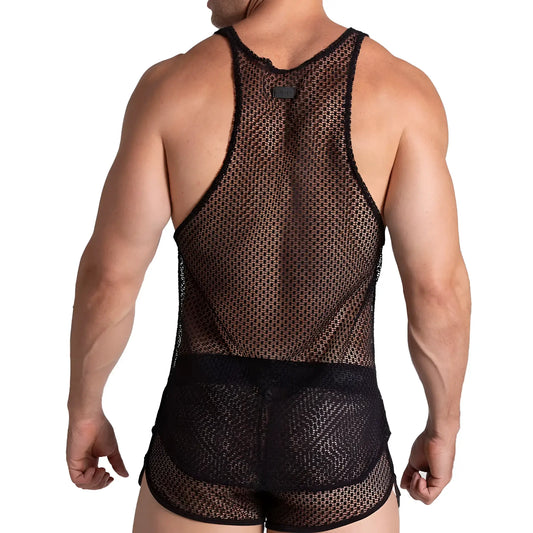 Black mesh gigo striking tank top with sheer patterned design and solid black trim on front side