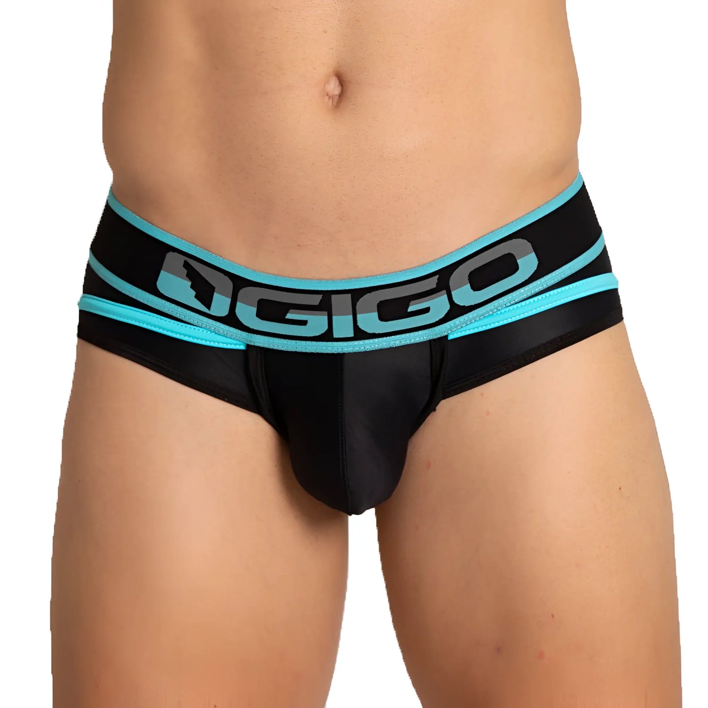 Black ogigo menâ€™s briefs with teal and gray branding on waistband designed for comfort and style