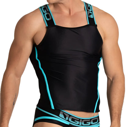 Black gigo style tank top with teal trim and logo detailing visible on the front side