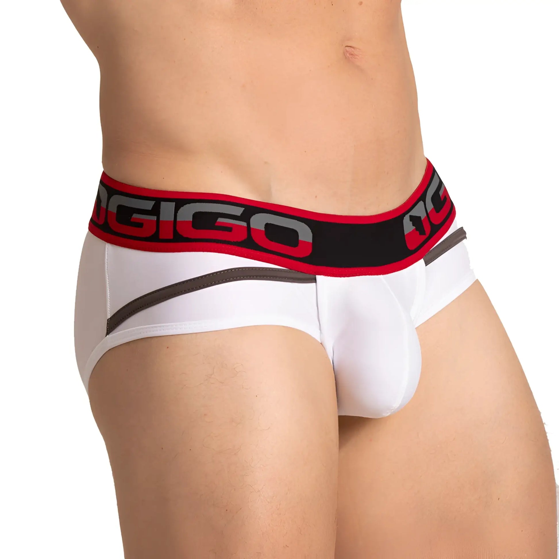 White menâ€™s briefs with bold red and black elastic waistband featuring ogigo logo gray lettering gigo style white brief