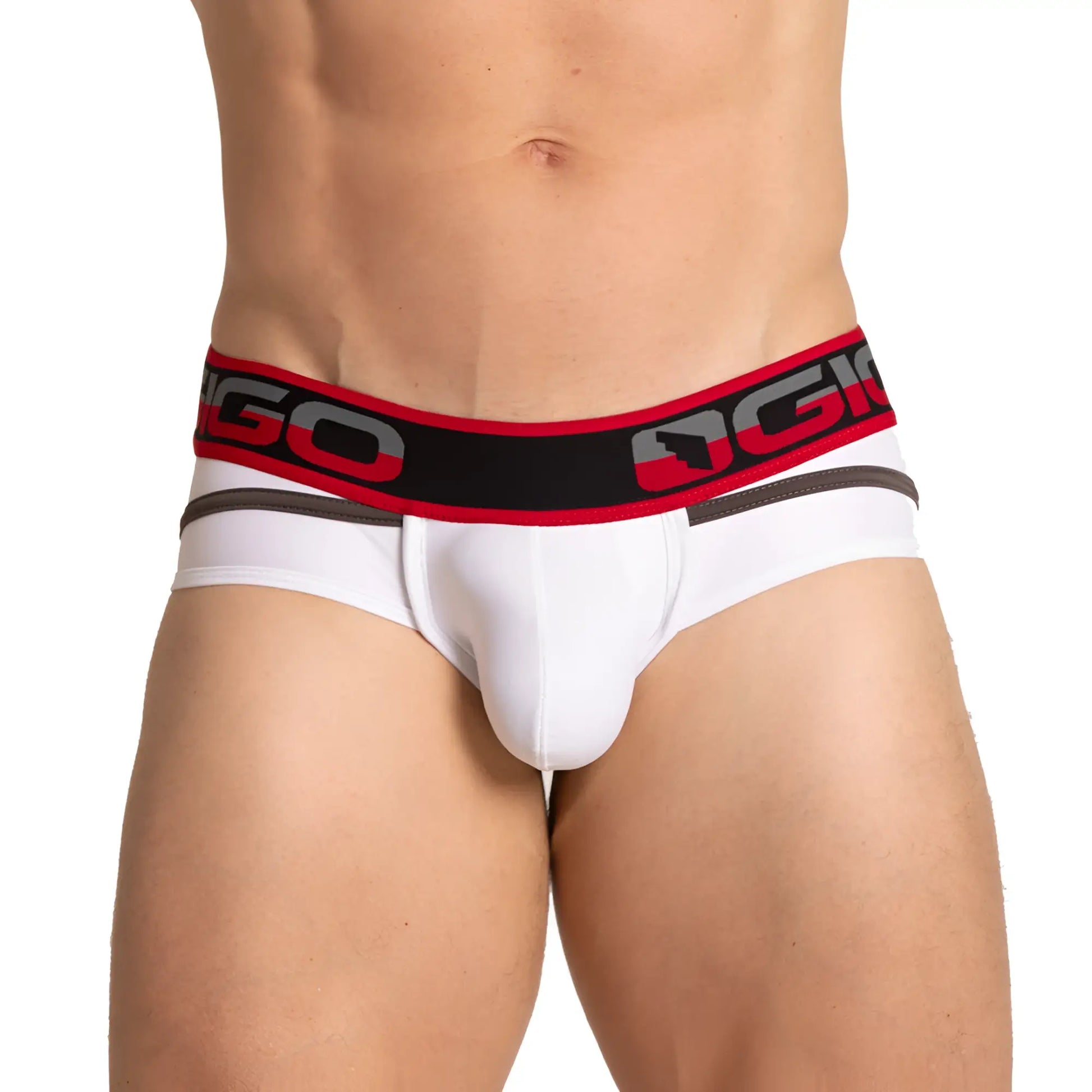 White menâ€™s briefs with a red and black ogio elastic waistband from the gigo style white brief collection