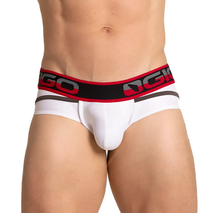 White menâ€™s briefs with a red and black ogio elastic waistband from the gigo style white brief collection