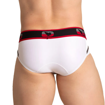 White briefs with red and black elastic waistband featuring gigo style logo design for comfortable everyday wear