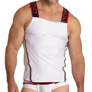 Gigo style white menâ€™s tank top with red and black trim along straps sides and waistband in a breathable fabric