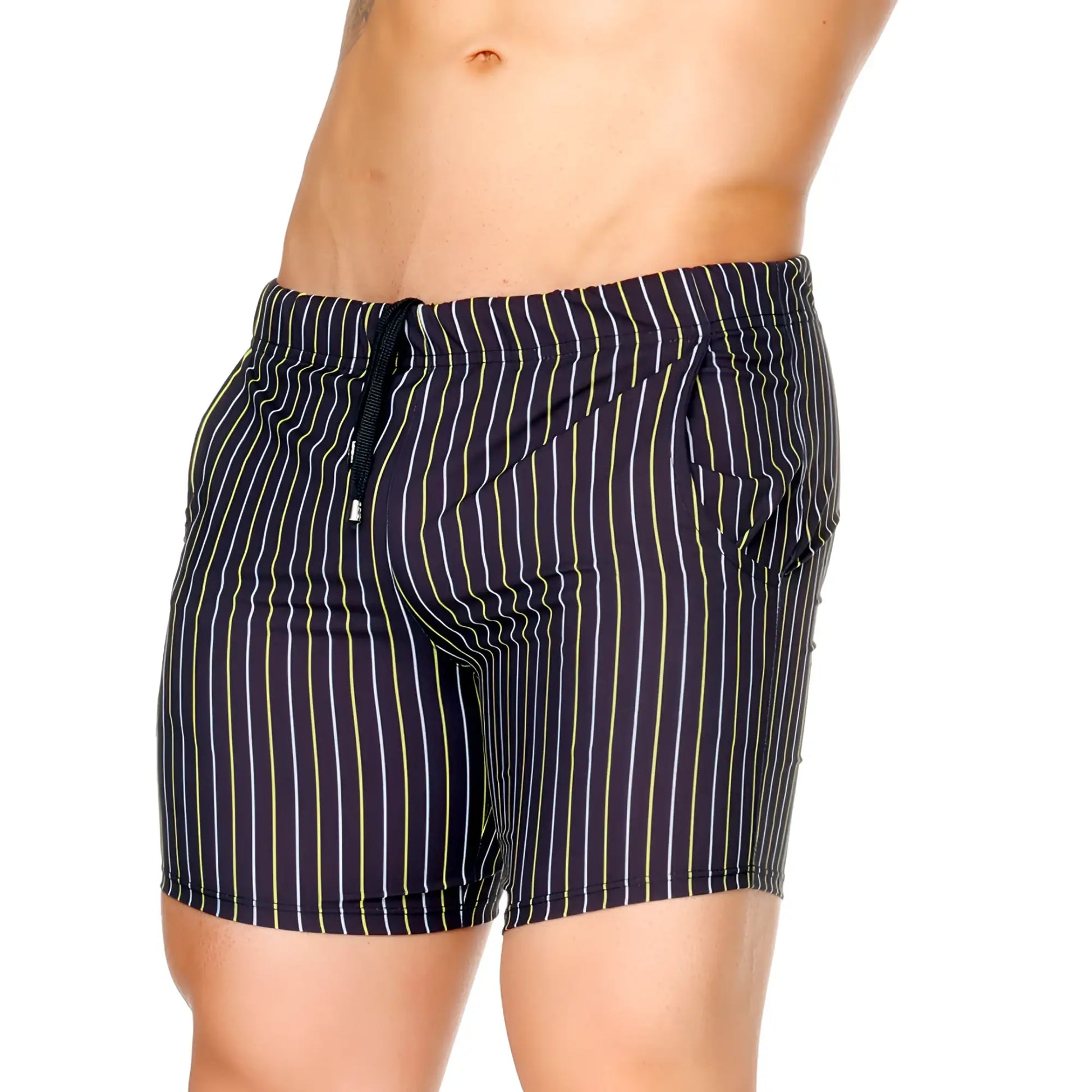 Navy blue gigo sultan black beachwear swim trunks with thin yellow and white vertical stripes and a drawstring waistband