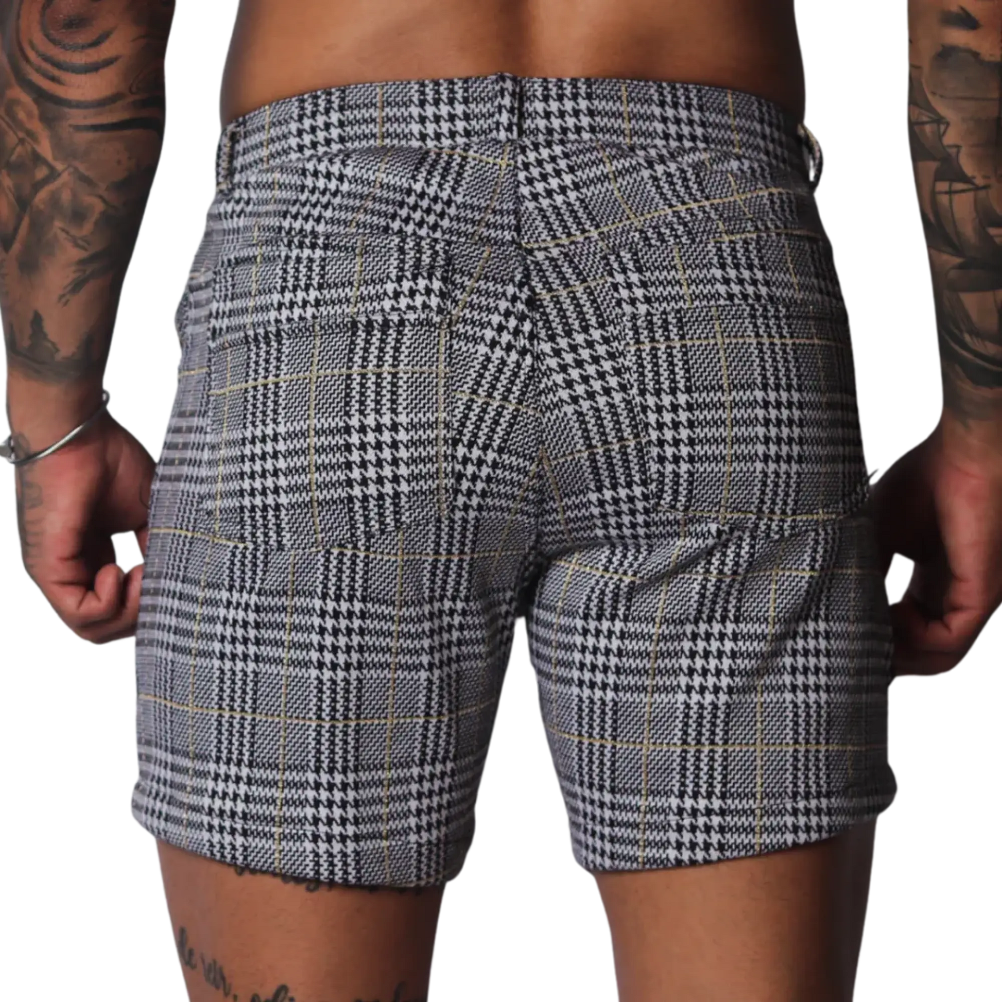 Black and white houndstooth print shorts with a subtle gold windowpane check pattern and two rear pockets.
