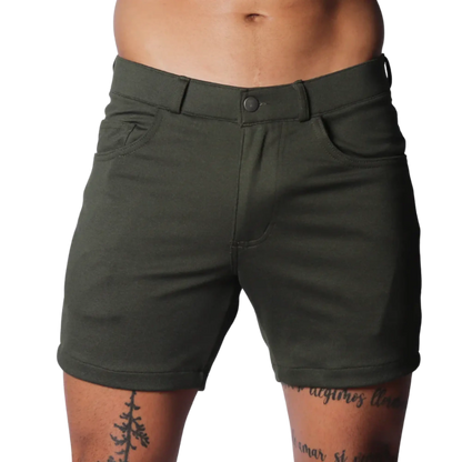 Dark olive green fitted shorts with belt loops, front pockets, and a button fly closure.