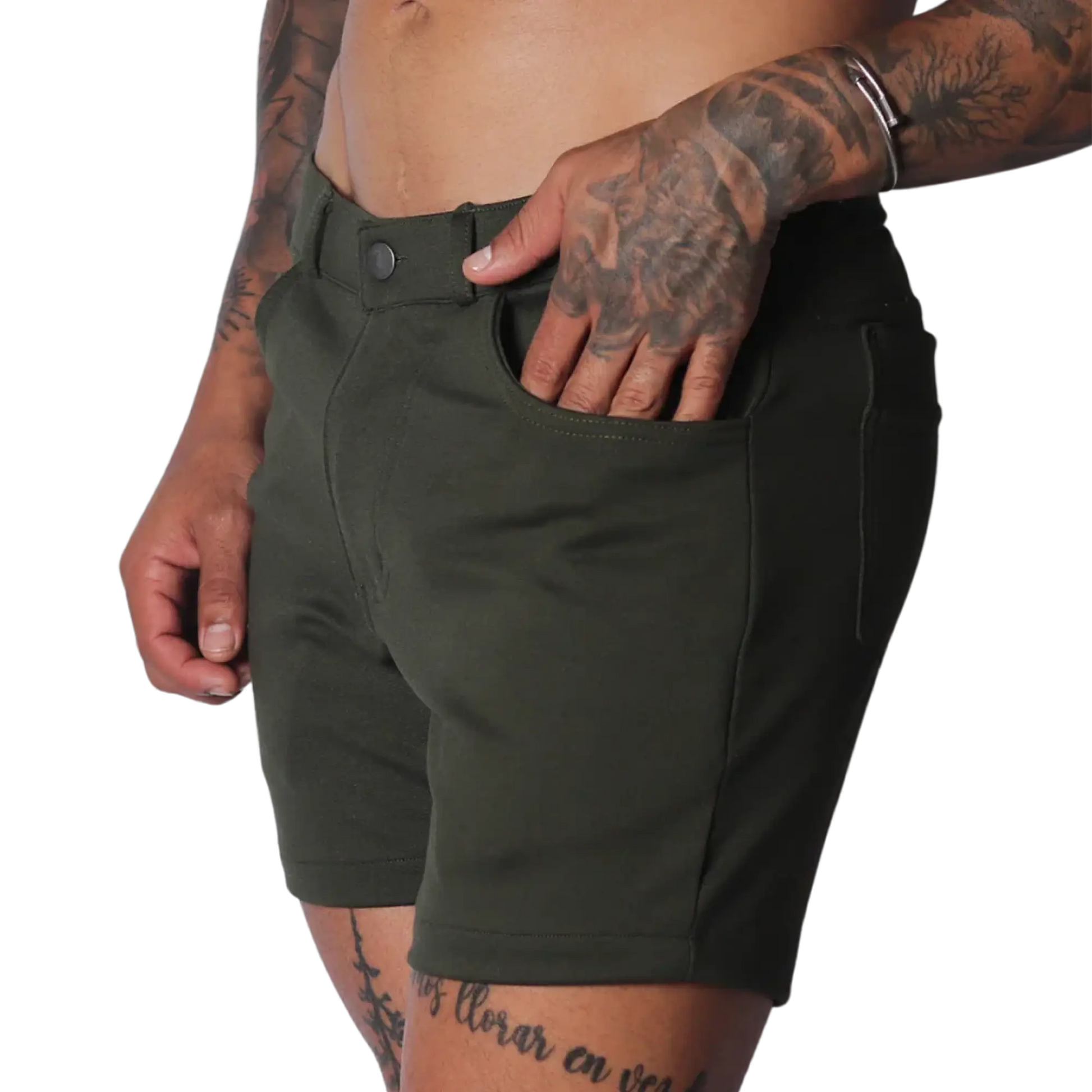 Forest green, slim-fit shorts in a matte stretch fabric with a button closure and classic five-pocket construction.