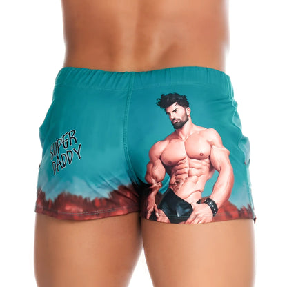 Teal gigo super daddy blue beachwear athletic shorts with a printed muscular man illustration and side text super daddy