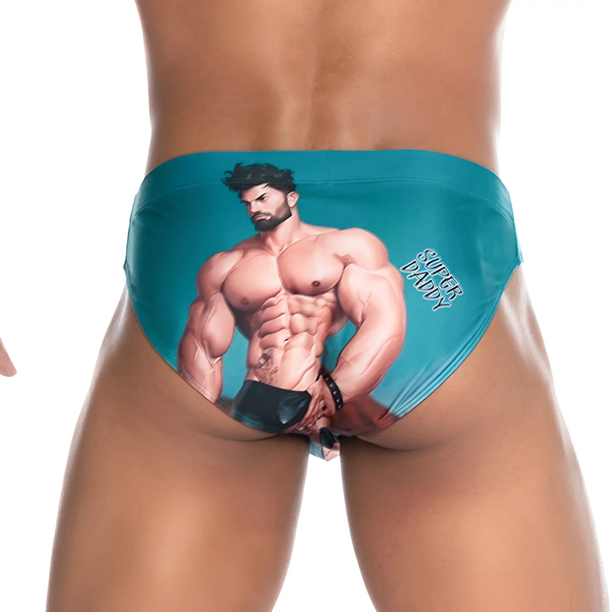 Teal gigo super daddy blue swim brief featuring a printed muscular man illustration and super daddy text on the side
