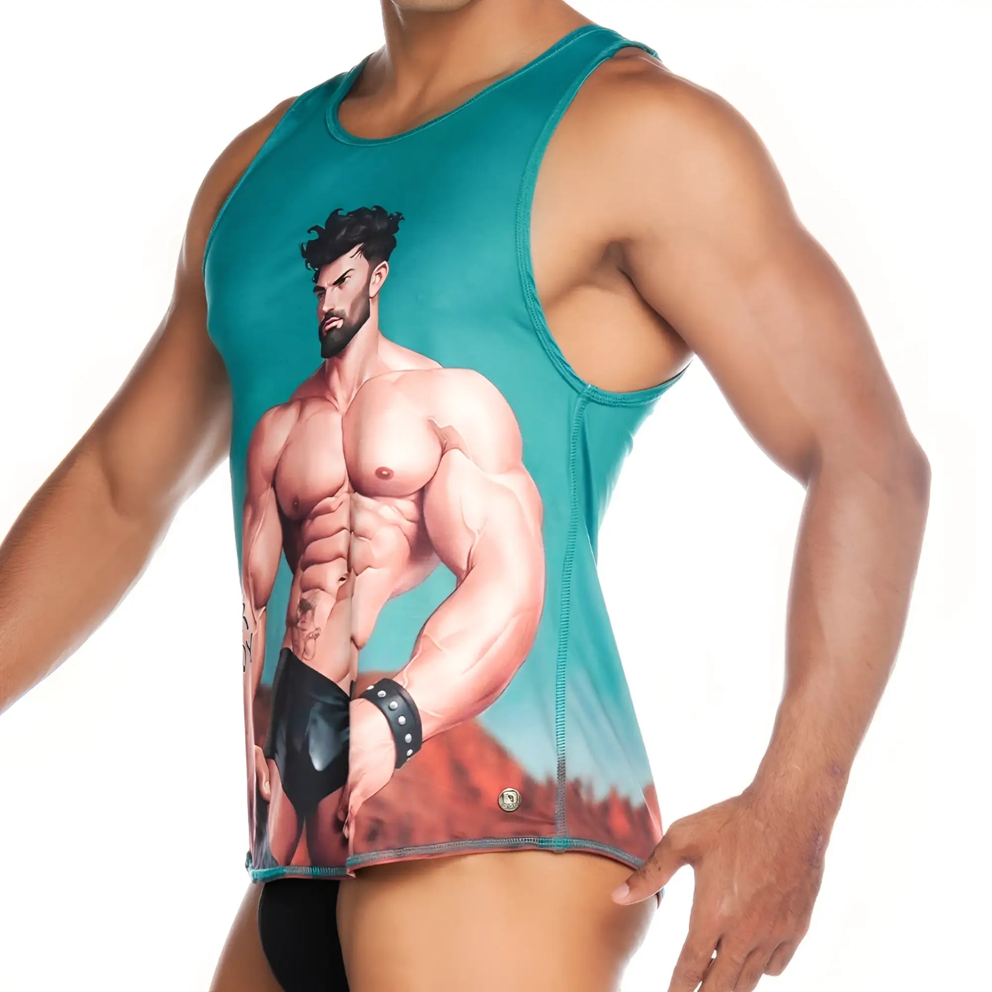 Teal muscle tank top with bearded muscular man illustration and studded wristband print in desert from Gigo Super Daddy