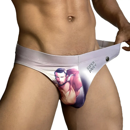 Light gray form-fitting thong swim brief with super daddy graphic and muscular man print from Gigo Super Daddy Brown line