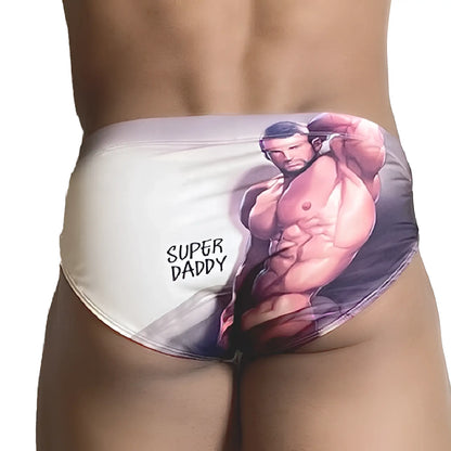 White swim trunks with a printed muscular man and super daddy text on the side from gigo super daddy brief