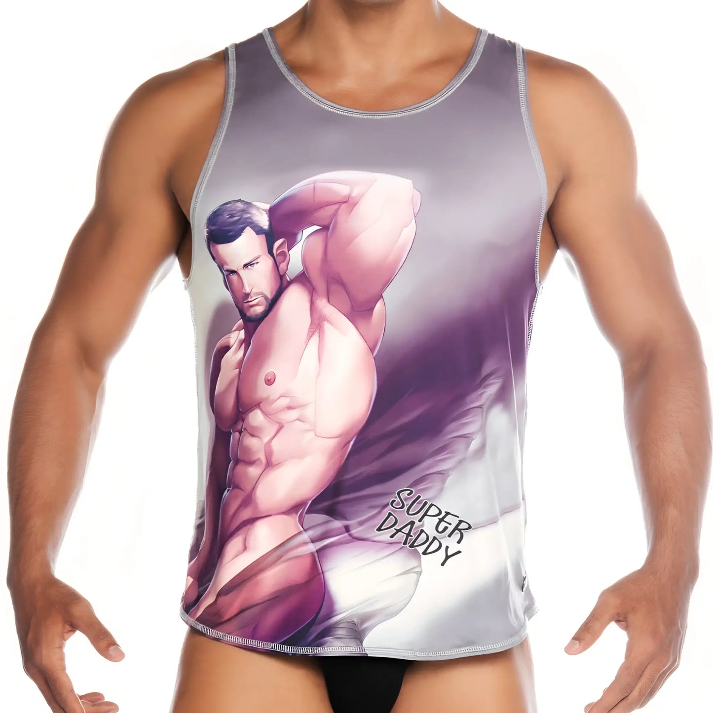Gigo super daddy brown tank is a gray and purple graphic tank top featuring a muscular man and super daddy text on the side