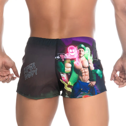 Black swim trunks from Gigo Super Daddy Purple Beachwear featuring a colorful graphic of a muscular man in green Luigi attire