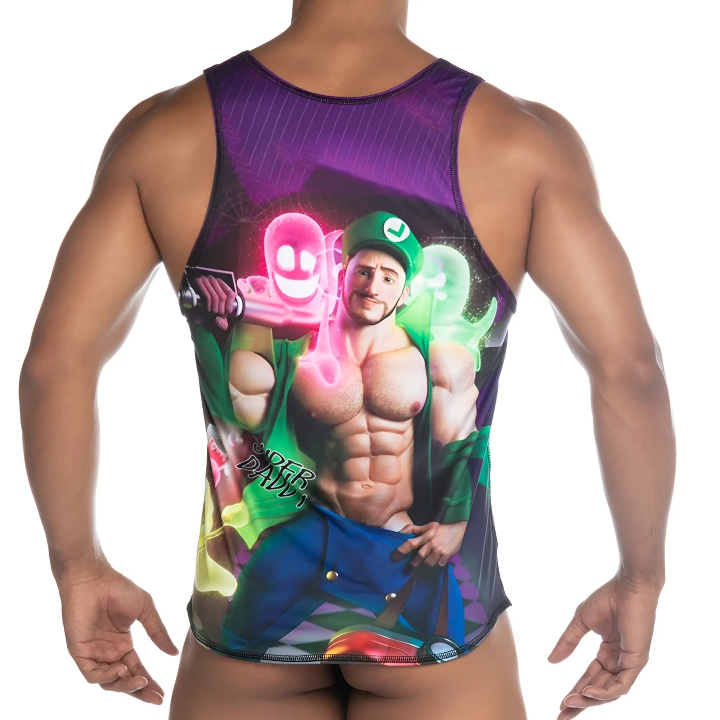 Gigo Super Daddy purple tank top with green graphic featuring muscular man in Luigi costume and glowing pink and green ghosts