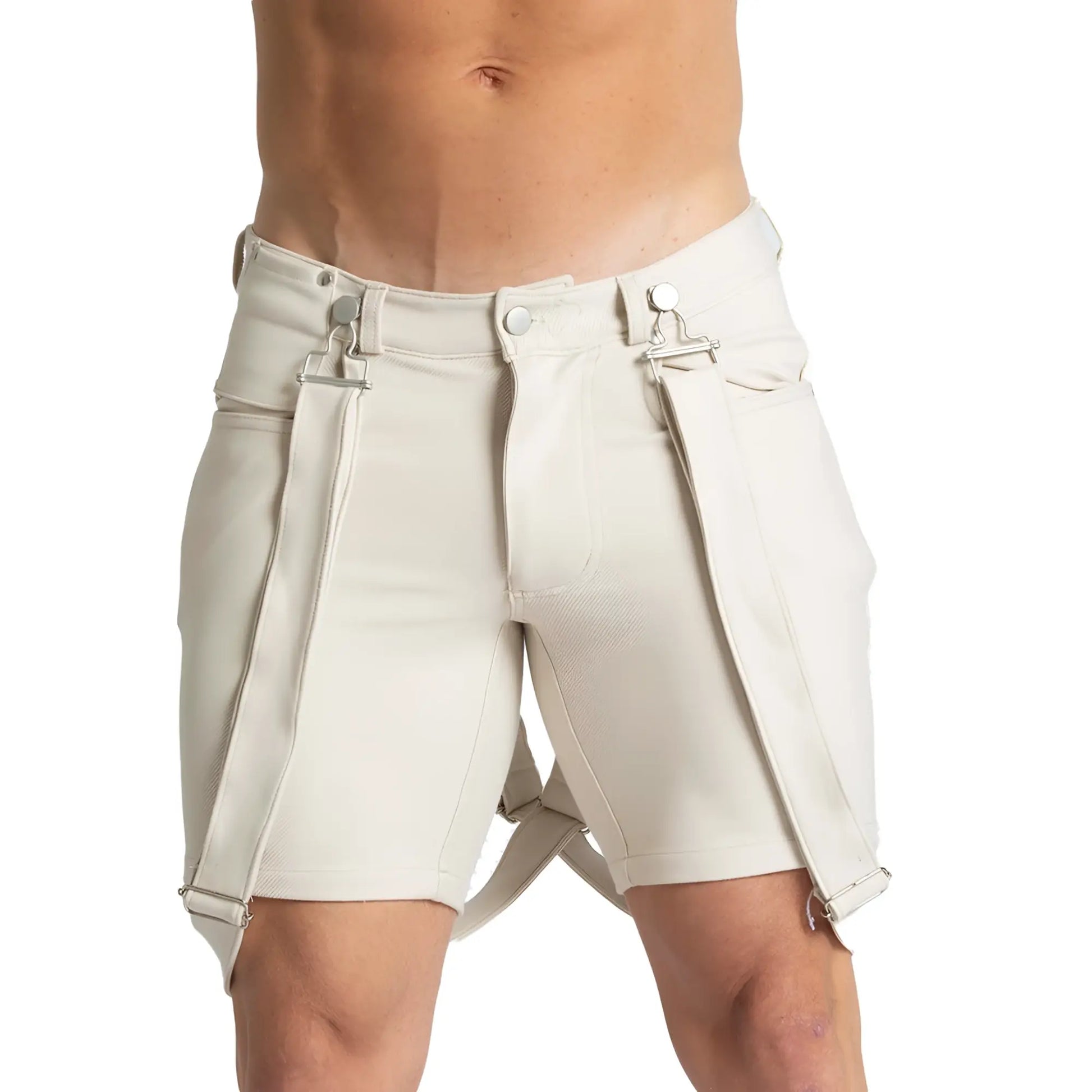 Cream-colored leather gigo suspenders beige shorts with silver-toned metal buckles and straps front view