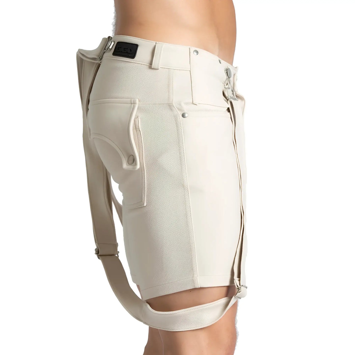 Beige gigo suspenders short made of textured fabric with side pockets and adjustable straps for practical wear