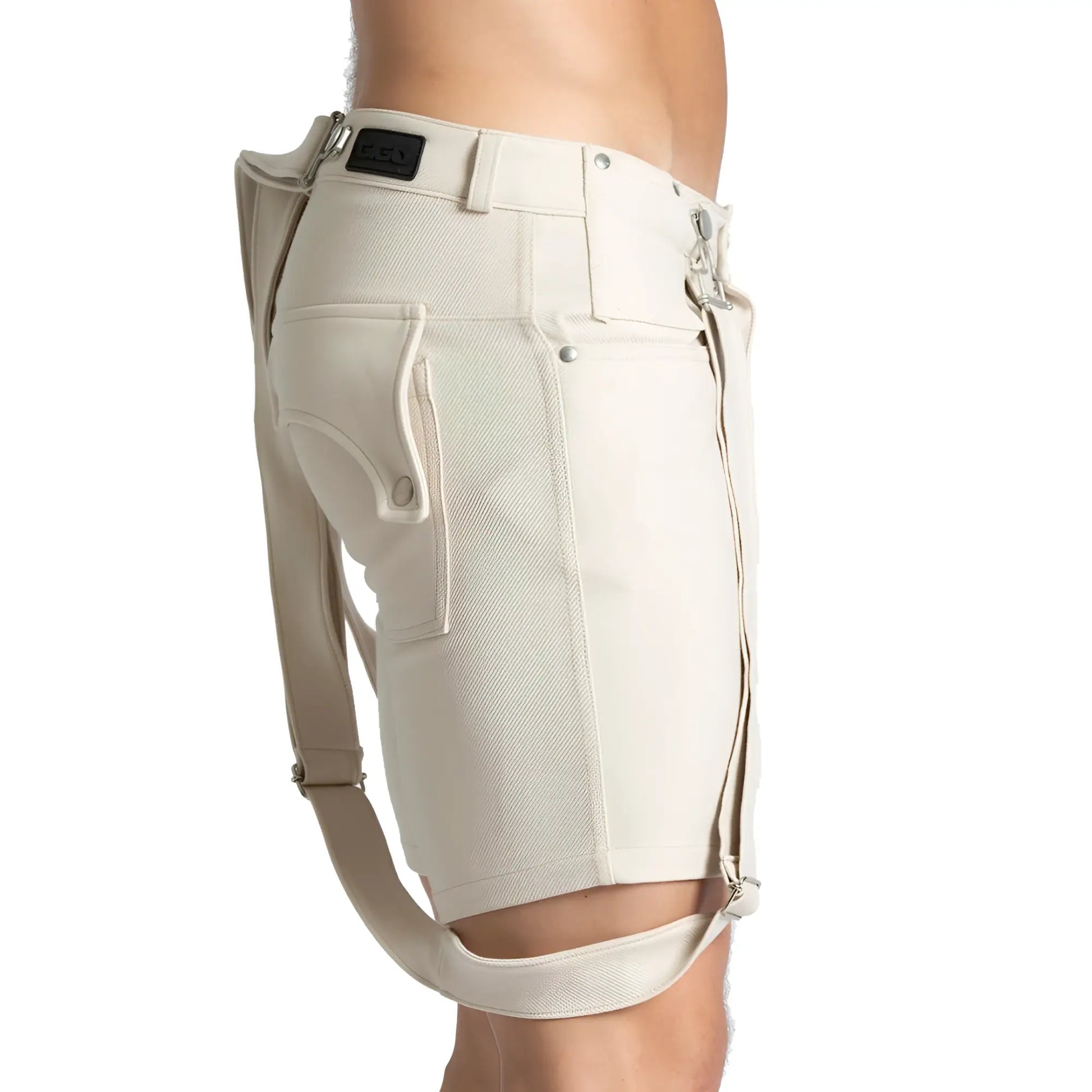 Beige gigo suspenders short made of textured fabric with side pockets and adjustable straps for practical wear