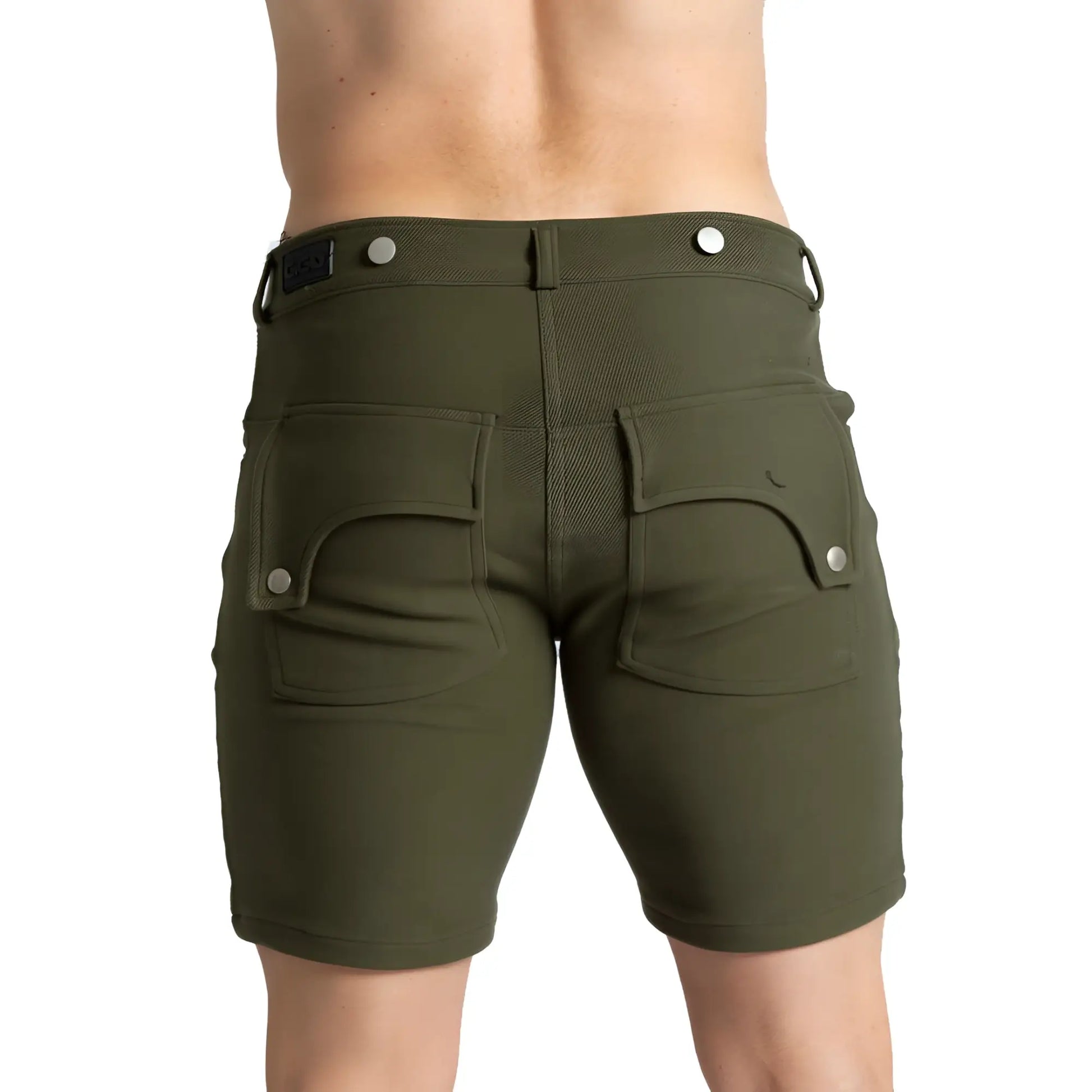 Olive green textured fabric gigo suspenders shorts with silver button closures and rear pockets shown from the back