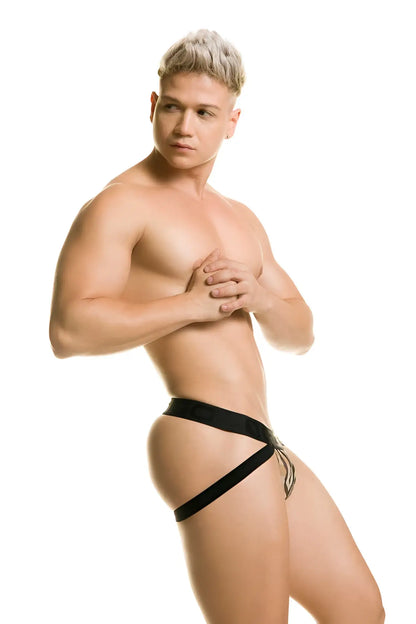 Black leather thong with tied bow detail from gigo tiger jock strap underwear bh58 size m showing front view