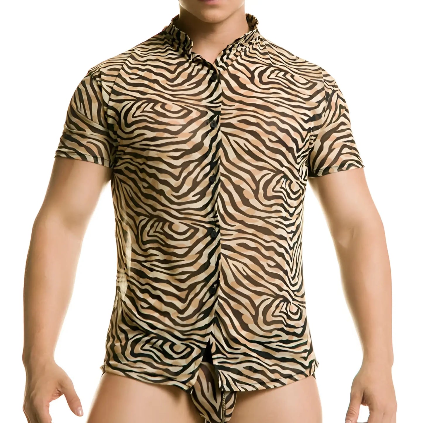 Gigo tiger short sleeved shirt size L with bold black and beige zebra stripe pattern and button up front