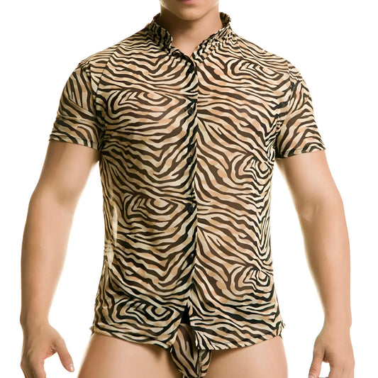 Gigo tiger short sleeved shirt size L with bold black and beige zebra stripe pattern and button up front
