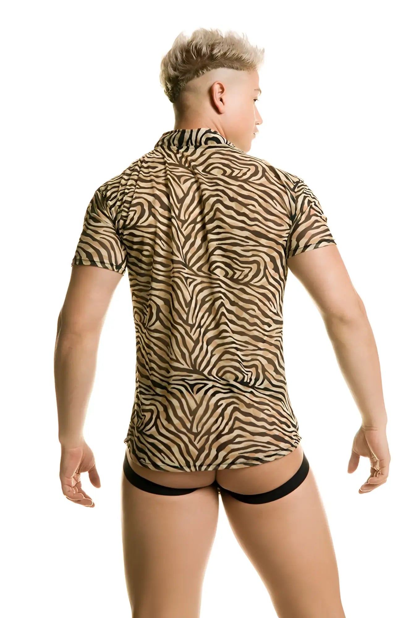 Gigo tiger short sleeved fitted shirt in size L with bold black and beige zebra stripe pattern